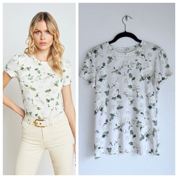 NWOT L'Agence Women's Supersoft Ressi Fitted Tee in Floral White Rose Print XS - Picture 1 of 10